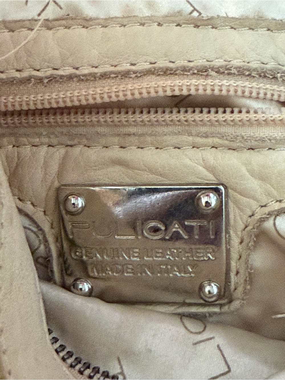 Pulicati Beige Leather Hobo with Silver Plaque